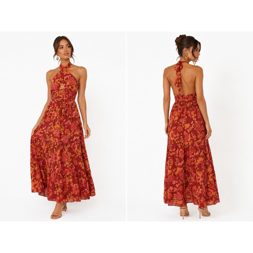 NWT Zesica Halter Floral Maxi Dress Red Boho Tiered Smocked Backless Size S